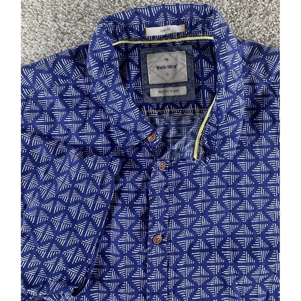 White Stuff Shirt Mens Large L Casual Aztec Geometric Blue Cotton Slim Fit Prep